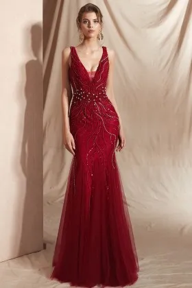 beaded dark red mermaid prom dress with tulle godet skirt