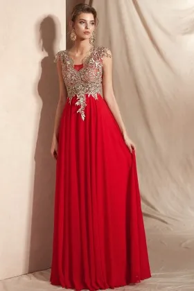 gold lace and red chiffon fancy cap sleeve long prom dress