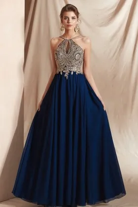 gold glitter lace navy chiffon halter keyhole prom dress