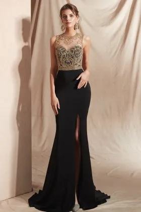 illusion gold beading black satin slit mermaid prom dress