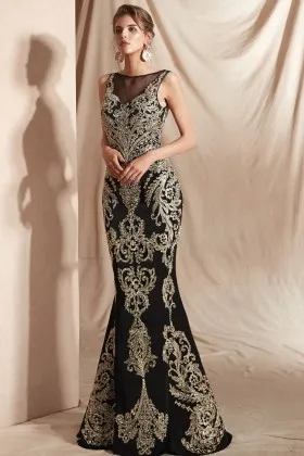 unique gold lace with beading black mermaid prom dress