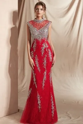 luxury beads and diamonds red lace mermaid prom dress