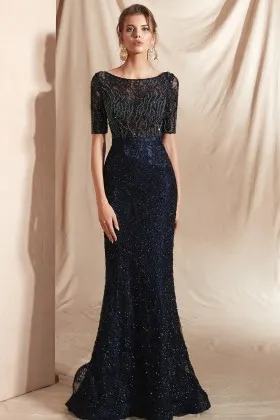 black glitter lace beaded bodice elegant long evening dress