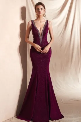 mahogany glitter lurex beaded plunging v neck evening dress