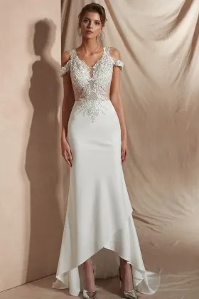 exquisite beaded lace ivory satin high low prom dress