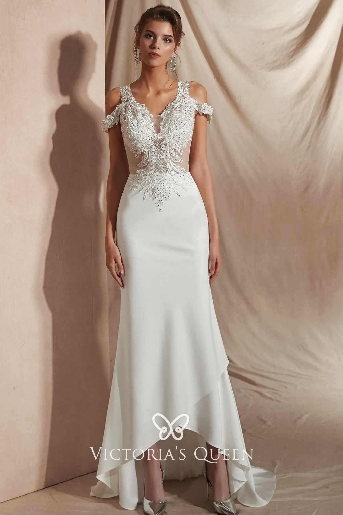 White Lace High-Low Party Dress with Beaded Bodice, Elegant Straps Lace Prom Dress main image 0