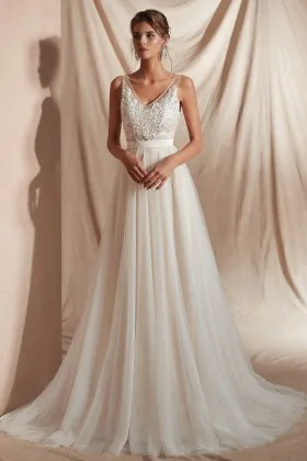 pearled ivory lace tulle v neck long bridal prom dress