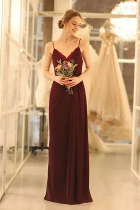 plum lace and chiffon V neck with spaghetti straps column bridesmaid dress