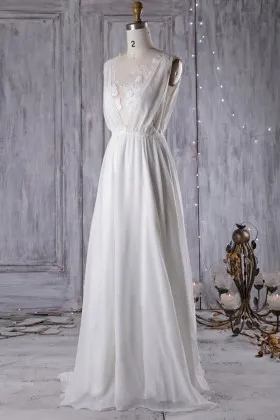 Off white chiffon with floral lace plunging V neckline bridal party dress
