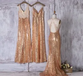 Gold sequin with lace applique mismatched A line long bridesmaid dress