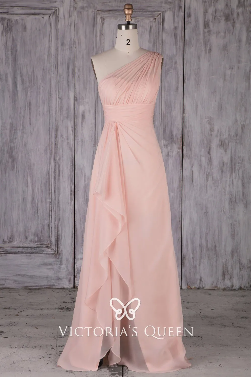 One Shoulder Peach Pink Lace Chiffon Long Bridesmaid Dress main image 0