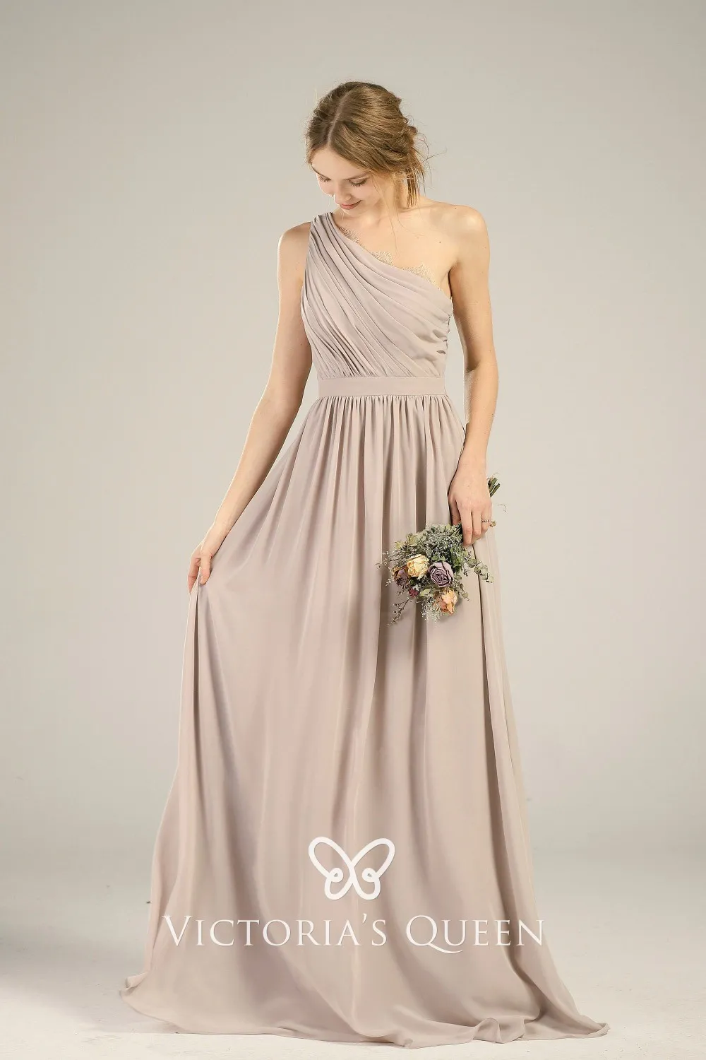 Long V Neck Chiffon Bridesmaid Dress Taupe