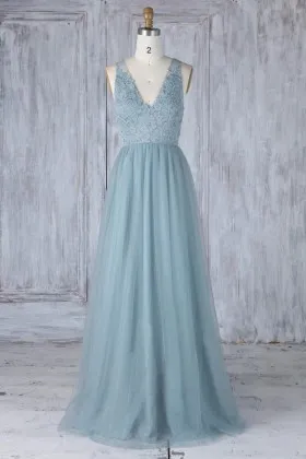 dusty blue lace and tulle v neck bridesmaid evening dress