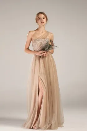 Khaki nude lace and tulle one shoulder bridesmaid dress A line long high slit