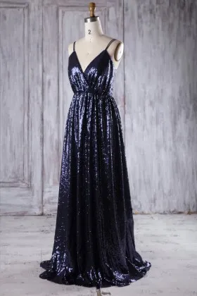 Bedazzled midnight navy sequin bridesmaid dress spaghetti straps V neckline