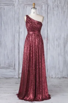 one shoulder maroon sequin bridesmaid dress A line long evening party gown