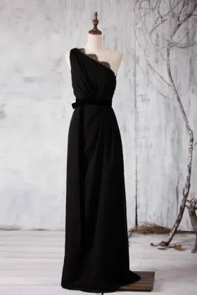 Scalloped lace appliqued one shoulder black long bridesmaid dress