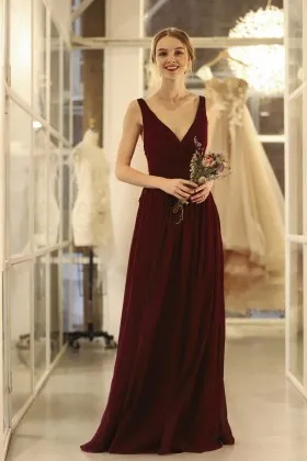 Elegant burgundy chiffon long bridesmaid dress V neckline wide shoulder straps