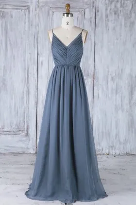 Pleated steel blue chiffon bridesmaid dress spaghetti straps V neck backless gown