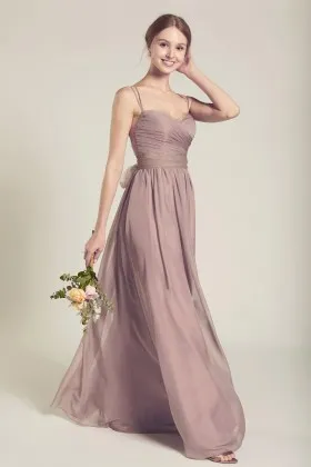 rose gray chiffon spaghetti strap a line bridesmaid dress