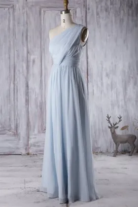 Cheap light blue chiffon bridesmaid dress one shoulder evening party gown
