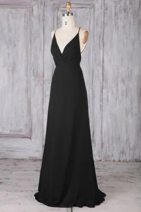 black chiffon bridesmaid dress V neck open back spaghetti straps timeless gown