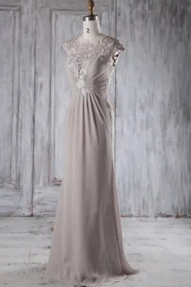 Taupe lace and chiffon bridesmaid dress illusion cap sleeve prom gown