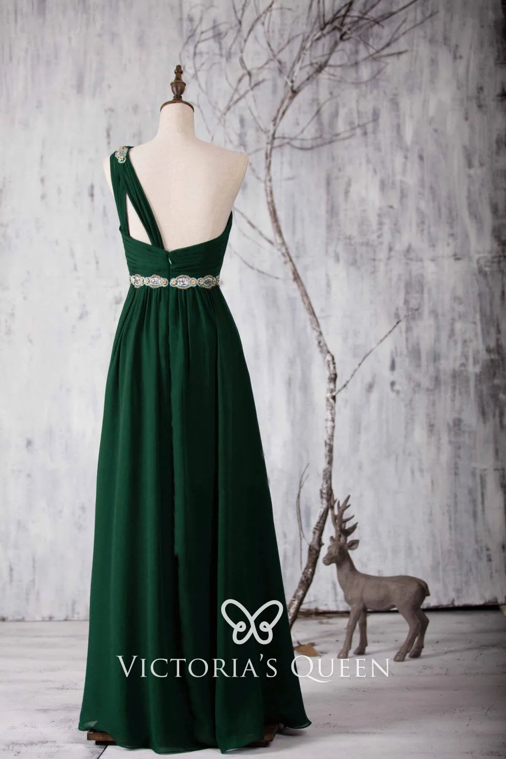 Forest green beaded one shoulder A line long party gown Forest green beaded one shoulder A line long party gown