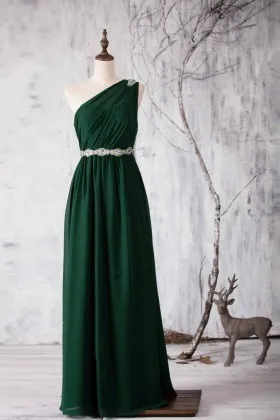 Forest green bridesmaid dress beaded one shoulder A line long party gown