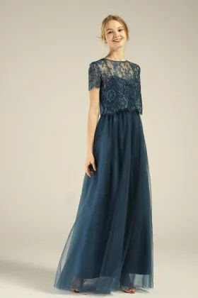 Ink blue two piece bridesmaid dress pretty spaghetti straps separate party gown