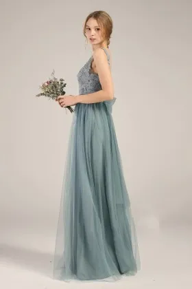 dusty blue lace chiffon and tulle bridesmaid dress vintage style illusion bodice