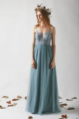 Dusty blue lace and tulle Boho bridesmaid dress sweetheart spaghetti straps