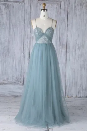 Dusty blue tulle overlay bridesmaid dress sweetheart spaghetti straps open back