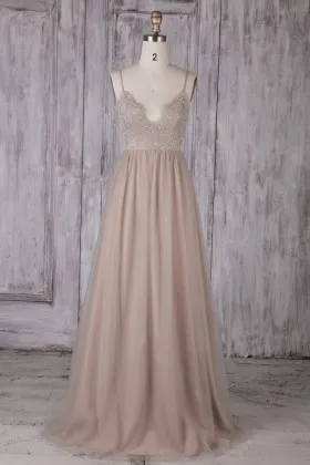 Pale Khaki tulle overlay bridesmaid dress scalloped V neckline spaghetti straps