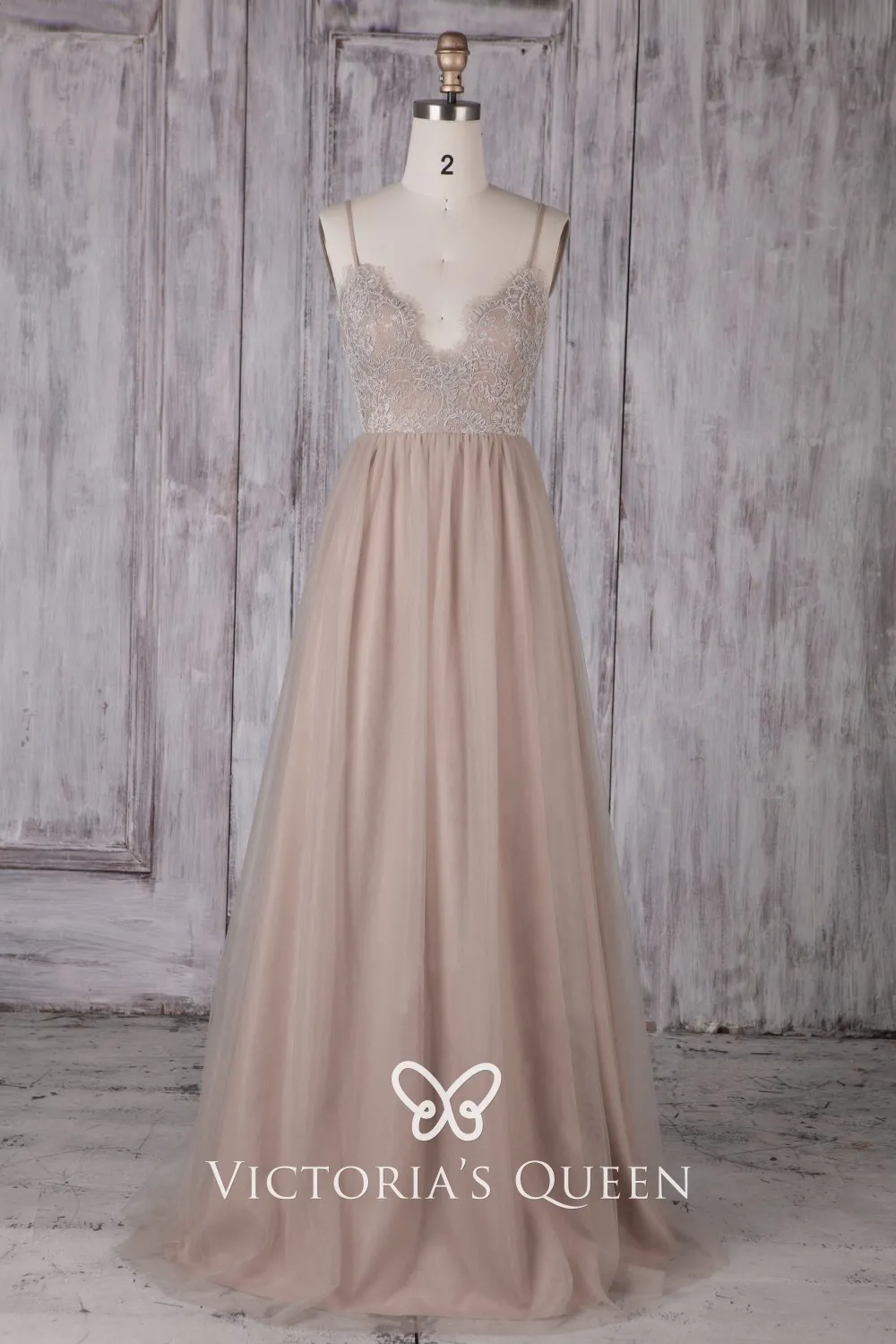 Pale Khaki Tulle Bridesmaid Dress Spaghetti Straps VQ