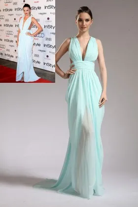 Miranda Kerr light blue sheer plunging chiffon red carpet prom dress