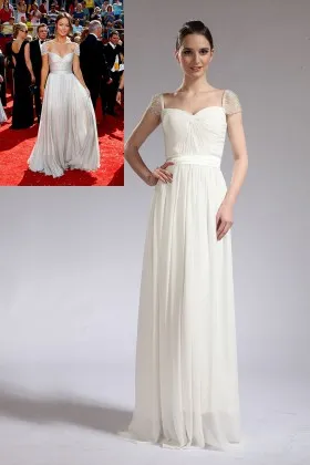 Olivia Wilde ivory chiffon cap sleeve red carpet evening prom dress