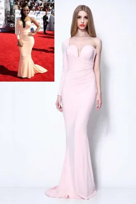 Light pink one sleeve mermaid celebrity prom dress LoLa Monroe BET red carpet
