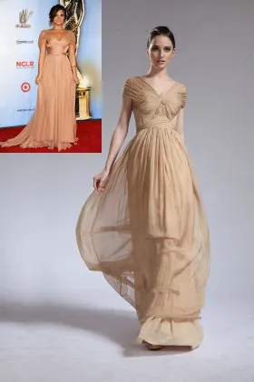 Pleated Champagne chiffon cap sleeve V neck Demi Lovato evening prom dress