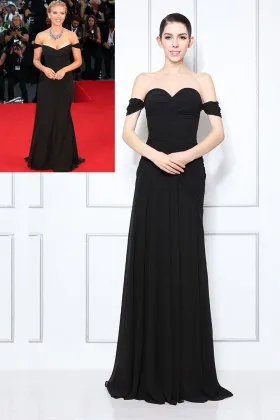 off shoulder sweetheart black chiffon dress Scarlett Johansson red carpet gown