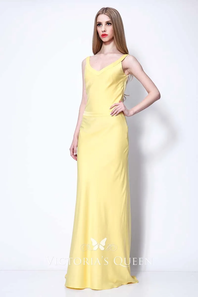 Yellow satin V neck long evening prom formal dress Yellow satin V neck long evening prom formal dress