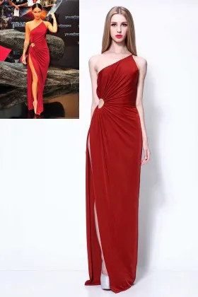 Megan Fox burgundy velvet one shoulder side draped prom dress on Transformers