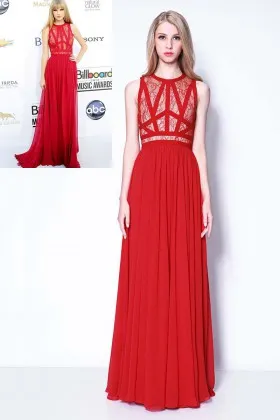 Sleeveless red lace and chiffon Taylor Swift celebrity evening prom dress