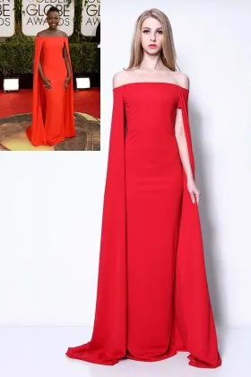 Off the shoulder neck wrapped A line red prom gown Lupita Nyongo Golden Globes