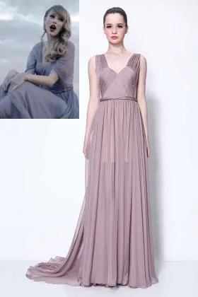 Pleated champagne chiffon sleeveless V neck Taylor Swift A line long evening prom dress