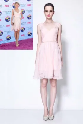 Light pink chiffon short celebrity cocktail homecoming dress Taylor Swift