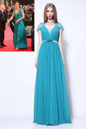 Teal chiffon cap sleeve V neck A line evening formal dress Kate Middleton