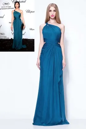 pleated ruffled dark teal chiffon one shoulder Liu Wen evening formal dress