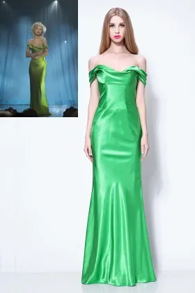 Off the shoulder green satin trumpet celebrity Christina Mara Aguilera prom dress