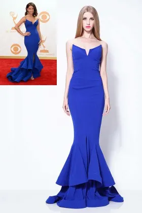 Strapless V cut cascade ruffled trumpet prom dress Rocsi Diaz Emmys blue dress